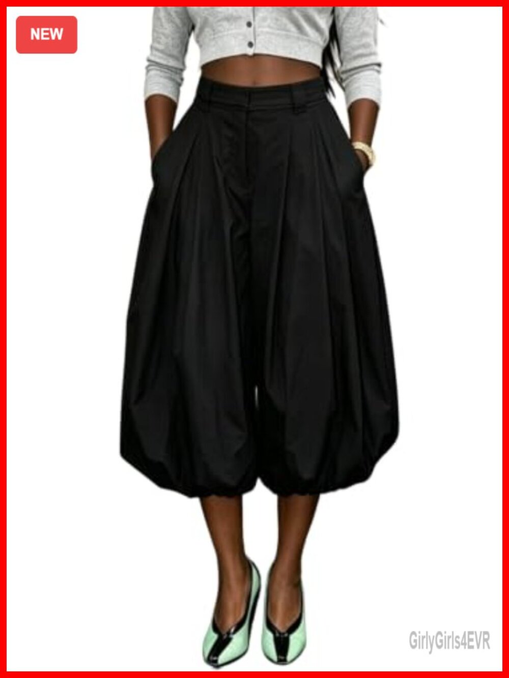 Women's High Waisted Wide Leg Cropped Capri Pants Pleated Bubble Cargo Trousers